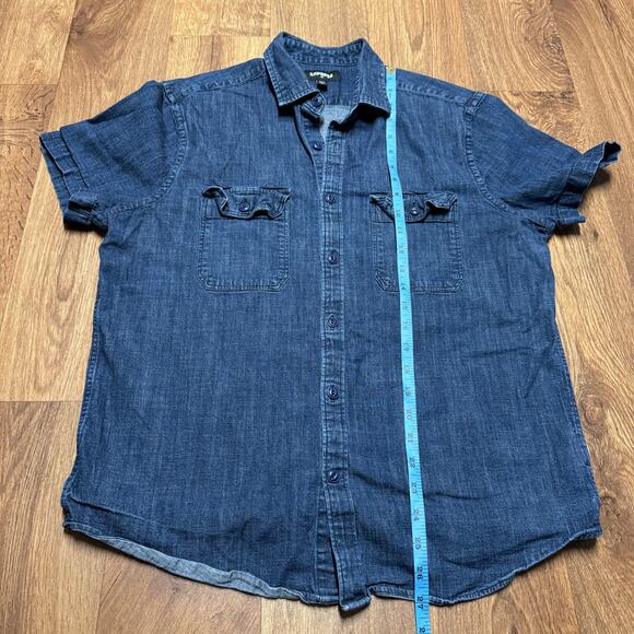 Express Mens Double Pocket Denim Short Sleeve Button Up Shirt Blue Jean Large - Picture 8 of 8